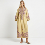 Bogdana boho embroidered dress in mustard yellow with purple floral yoke and hem border