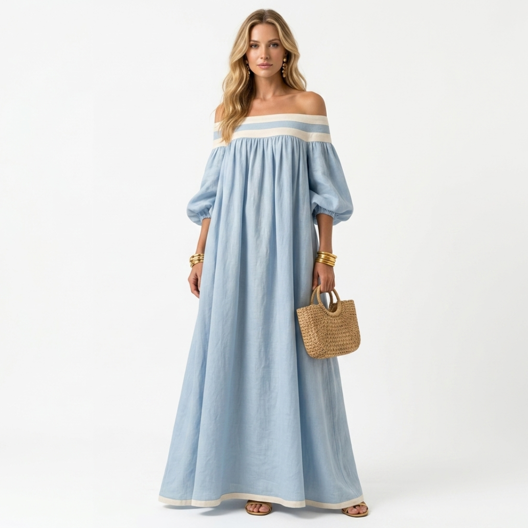 Light blue long off-shoulder maxi dress with pale stripe band and gathered balloon sleeves.