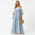 Light blue long off-shoulder maxi dress with pale stripe band and gathered balloon sleeves.