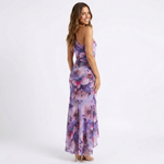 Pleated one-shoulder midi dress with purple floral print, flowing chiffon skirt