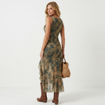 Leaf-print sleeveless maxi dress, V-back with gathered waist and tiered hem