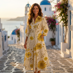 Lana cotton elegant dress with collar, cream with yellow sunflower print, long sleeves