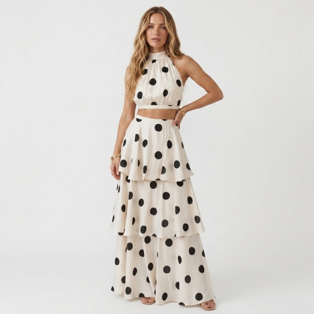 Ismene polka-dot sleeveless top and long tiered skirt set with elastic waist