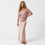 Madalina knit V-neck sweater over blush satin midi dress, front view