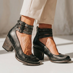 Dark textured leather heeled ankle boots with two buckle straps and block heel