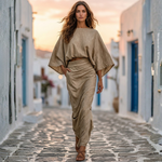 Khaki linen-look two-piece set: loose blouse with wide sleeves and draped maxi skirt