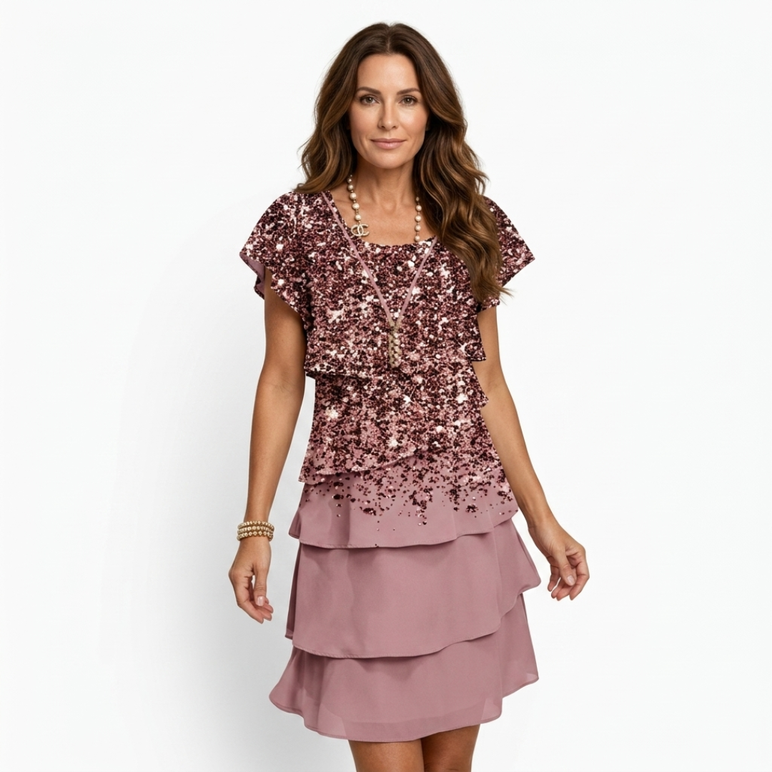 Gabriella short-sleeve pink dress with V-neck, sparkly speckled top and tiered skirt