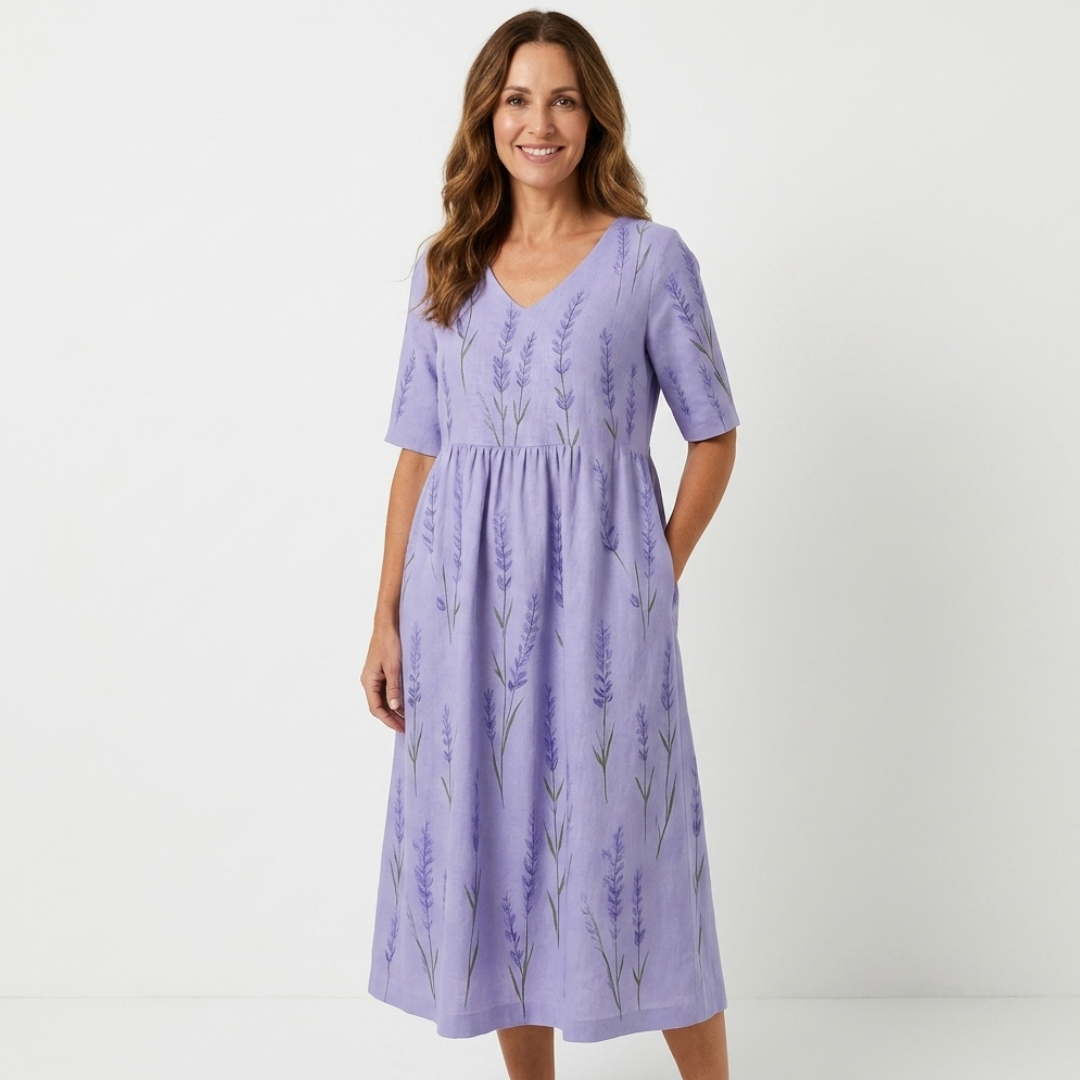 Casual midi dress in lavender with purple sprig print, half sleeves, gathered waist