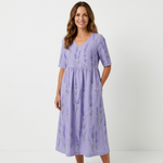 Casual midi dress in lavender with purple sprig print, half sleeves, gathered waist