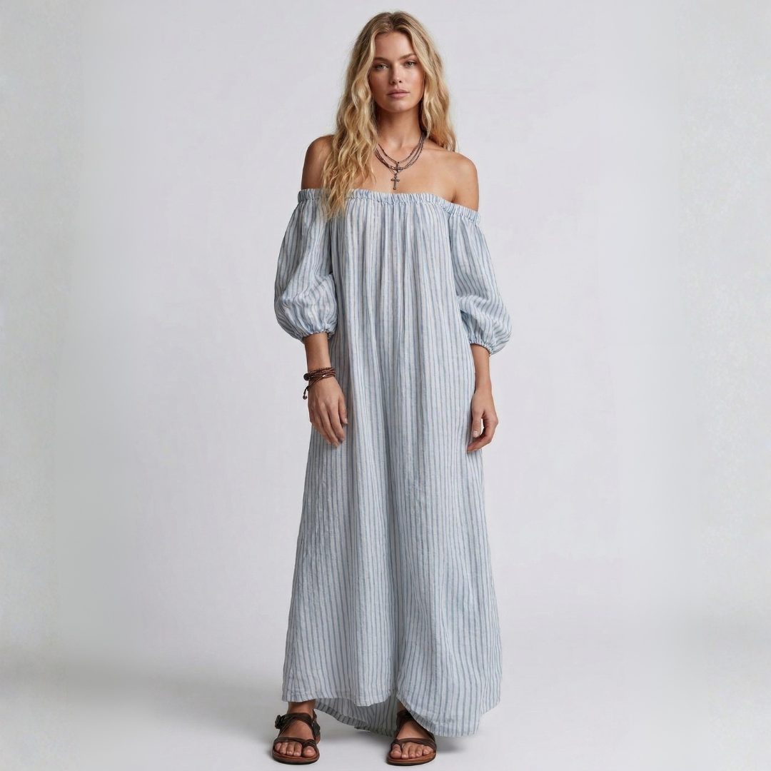 Blue vertical striped off-shoulder maxi dress with puff sleeves and gathered waist
