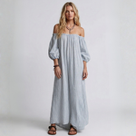Blue vertical striped off-shoulder maxi dress with puff sleeves and gathered waist