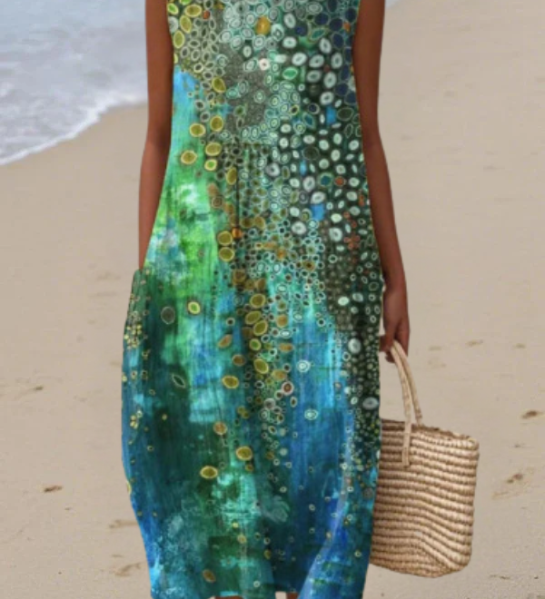 Sleeveless midi dress with multicolor circular abstract print