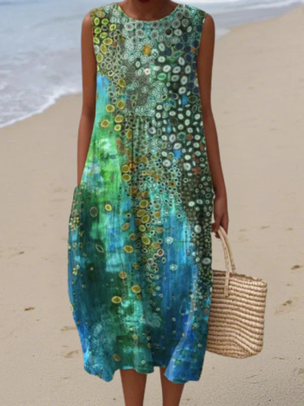 Sleeveless midi dress with multicolor circular abstract print