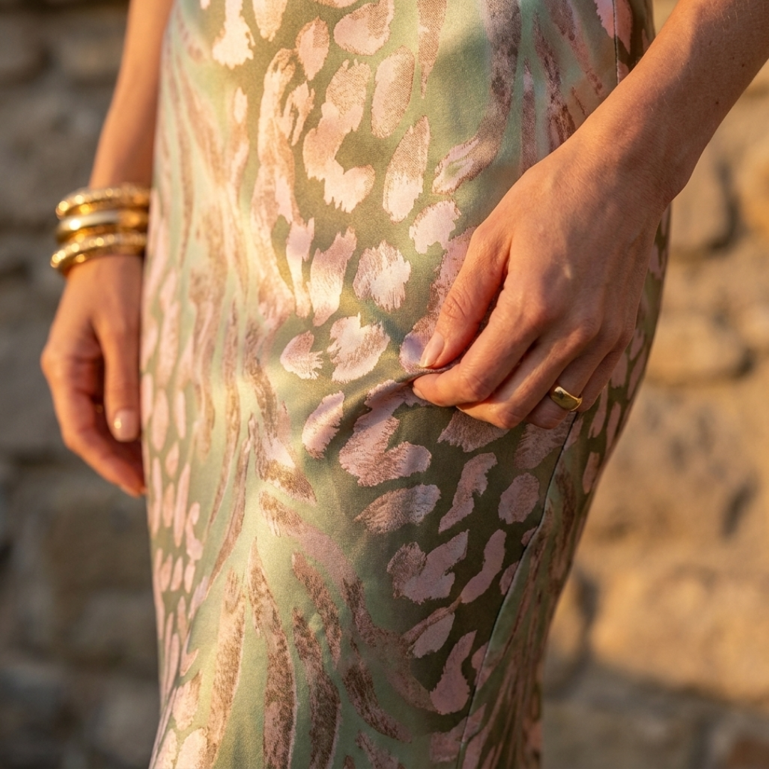 Close-up of multi-color midi dress fabric with abstract leaf pattern and draped texture