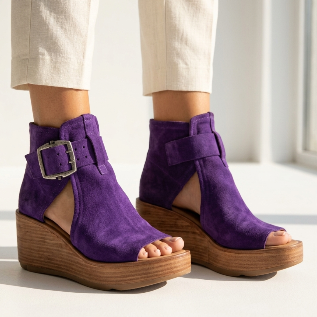 Brown suede ankle-boot style wedge sandals with open toe and buckle strap