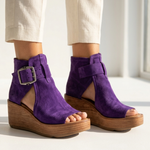 Brown suede ankle-boot style wedge sandals with open toe and buckle strap