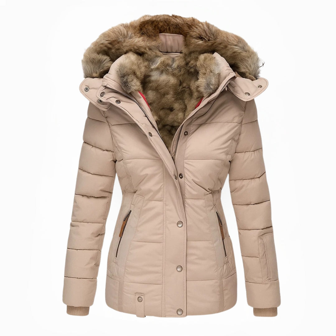 Women's winter puffer jacket, beige with brown faux-fur hood and snap buttons