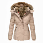 Women's winter puffer jacket, beige with brown faux-fur hood and snap buttons