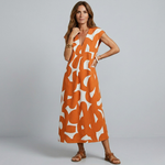 Orange and white abstract print midi dress with V-neck and short sleeves