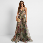 Green-toned multicolor floral maxi dress with V neckline, spaghetti straps, full flowing skirt