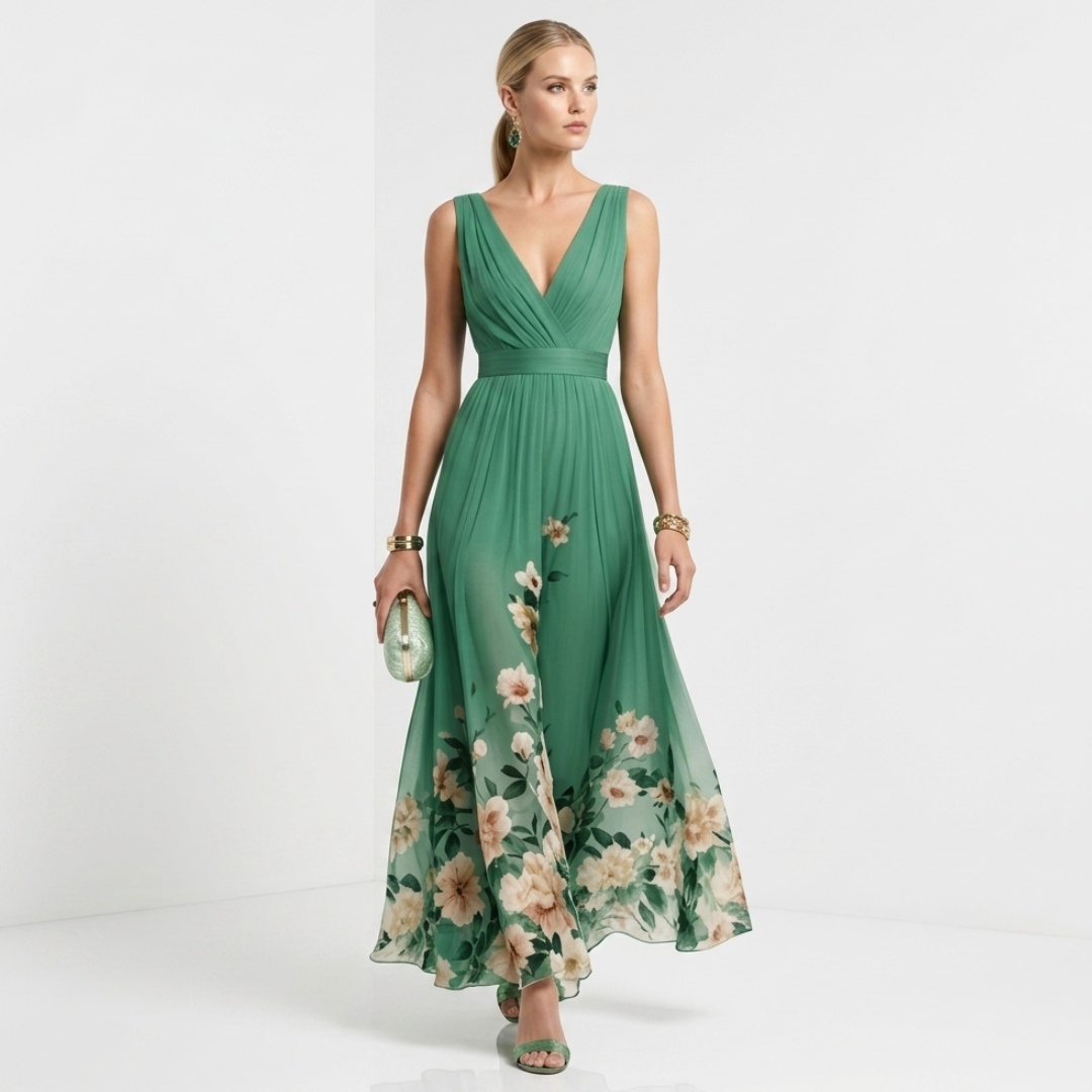 Green chiffon floral maxi dress with V-neckline and sleeveless fitted waist