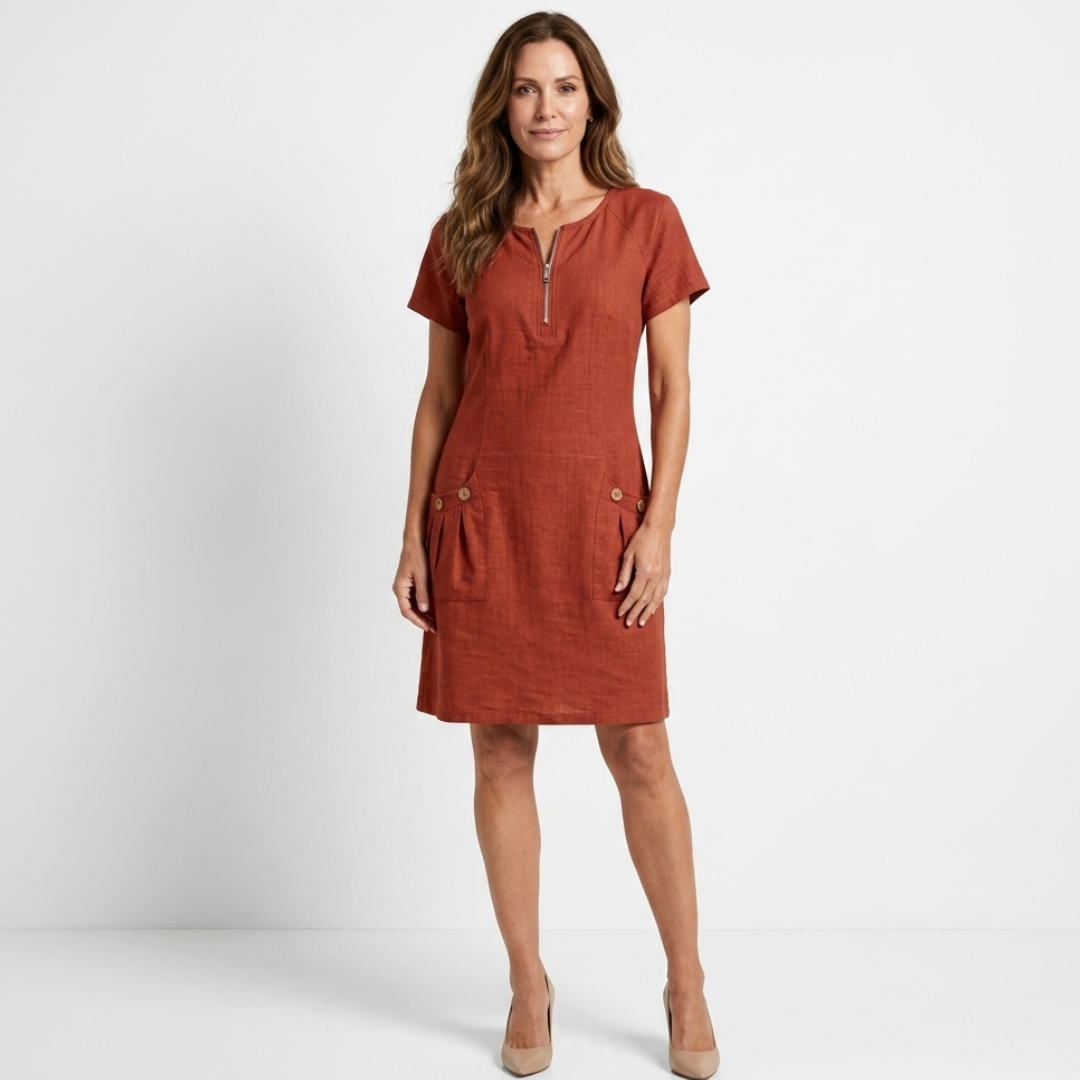 Rust red short-sleeve shift dress with front zipper and side pockets with button details.