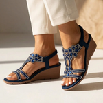 Comfort platform sandals, dark blue with ornate beaded flowers and ankle strap