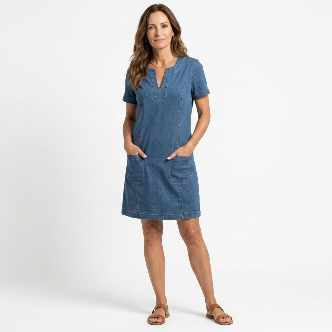 Aurora denim pocket dress with V-neck and short sleeves, blue