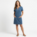 Aurora denim pocket dress with V-neck and short sleeves, blue