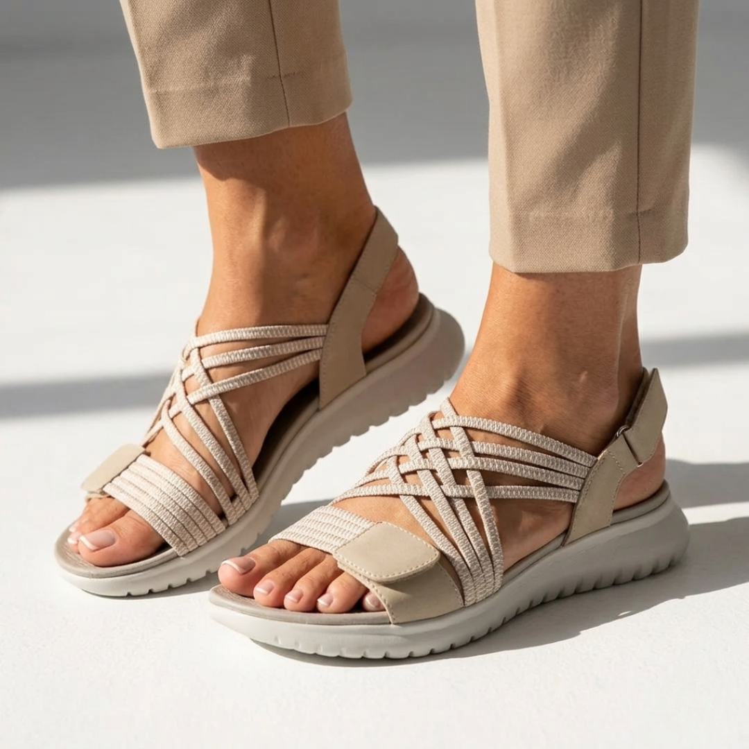 Kassandra orthopedic comfort sandals, beige woven straps with tan heel patch and gray sole