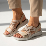 Kassandra orthopedic comfort sandals, beige woven straps with tan heel patch and gray sole