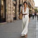 Reversible maxi wrap dress with long sleeves, white, notch collar and waist belt, button front