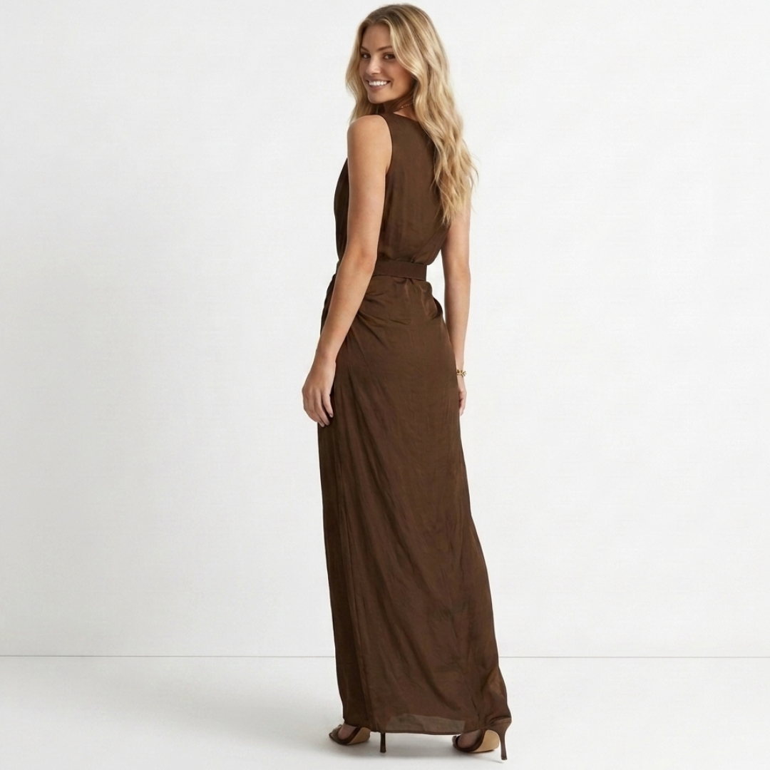 Dark brown sleeveless long dress with side drape and waist belt