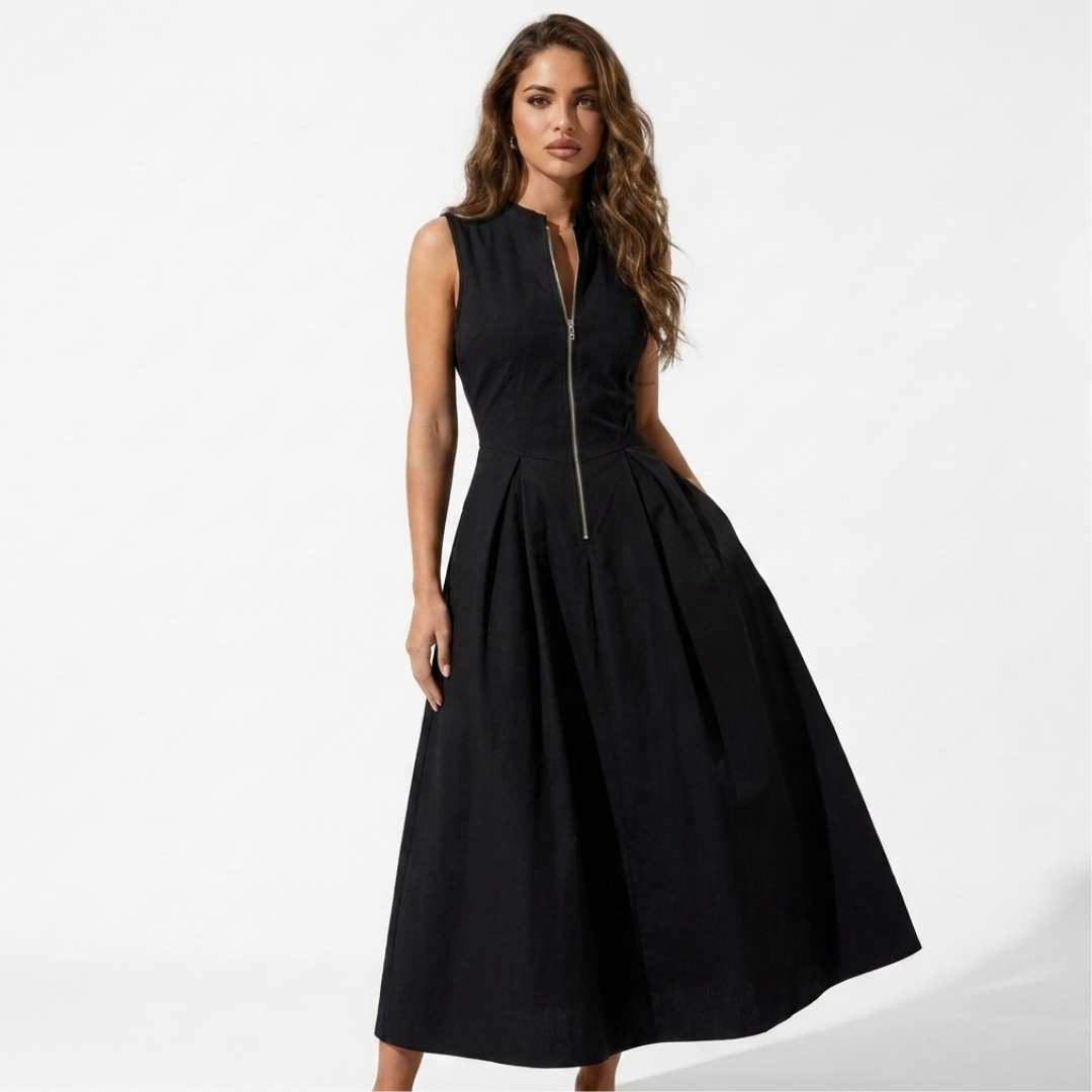 Sleeveless black midi dress with front zip and gathered full skirt