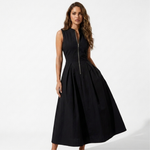 Sleeveless black midi dress with front zip and gathered full skirt