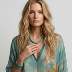 Floral georgette V-neck blouse with 3/4 sleeves, teal with orange and cream prints
