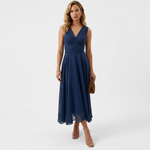Navy sleeveless midi dress with V-neck and ruched waist