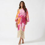 Women's satin-look midi dress with fringe hem, pink and orange geometric print