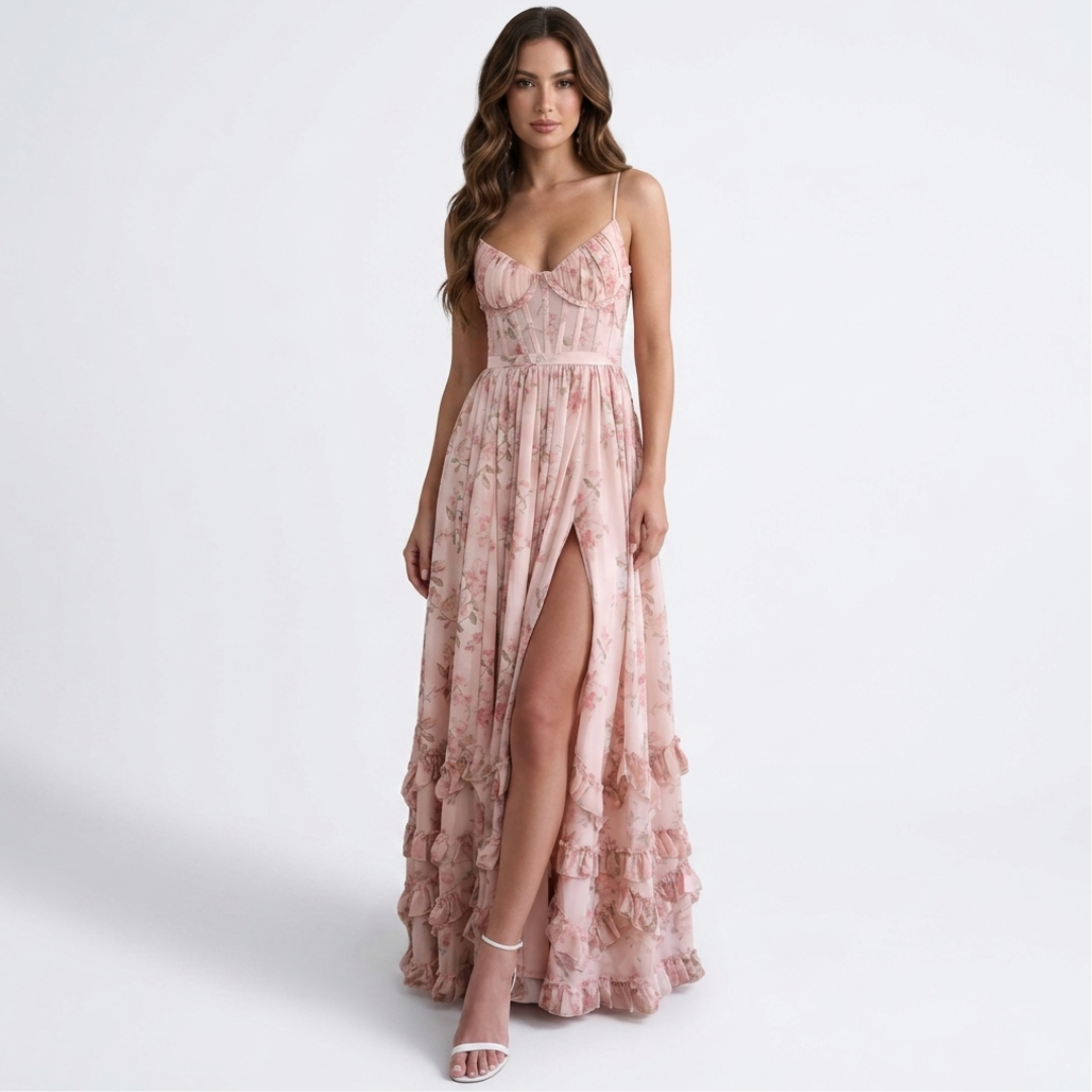 Iulia elegant dress in dusty pink floral print, spaghetti straps, side slit, tiered ruffles
