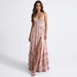 Iulia elegant dress in dusty pink floral print, spaghetti straps, side slit, tiered ruffles