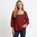 Linen blouse in burgundy red with square neckline and button front, gathered puff sleeves