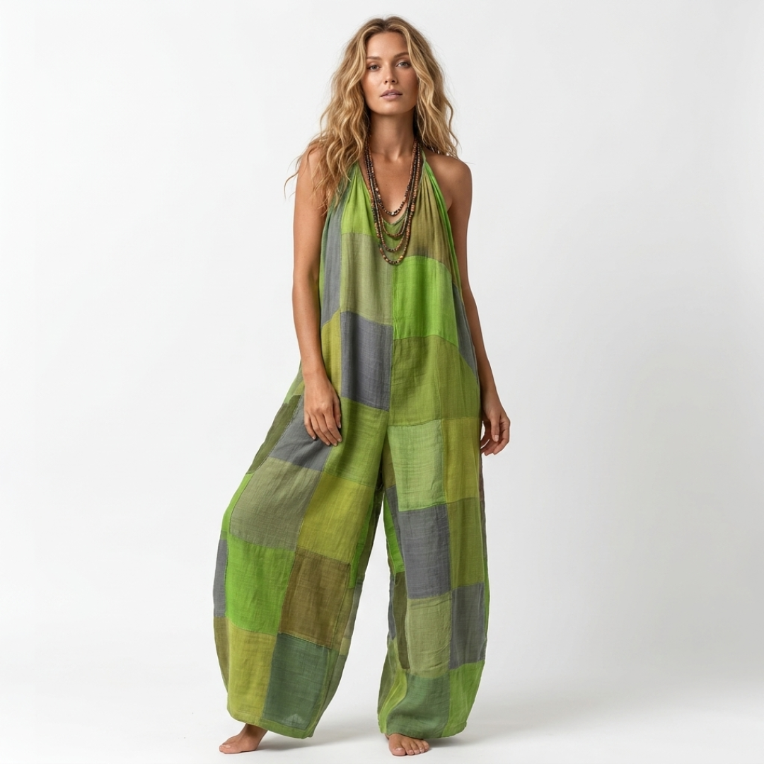 Patchwork plus-size sleeveless jumpsuit in green and olive plaid with wide legs