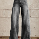 Gray wide-leg denim pants with high waist and front button fly