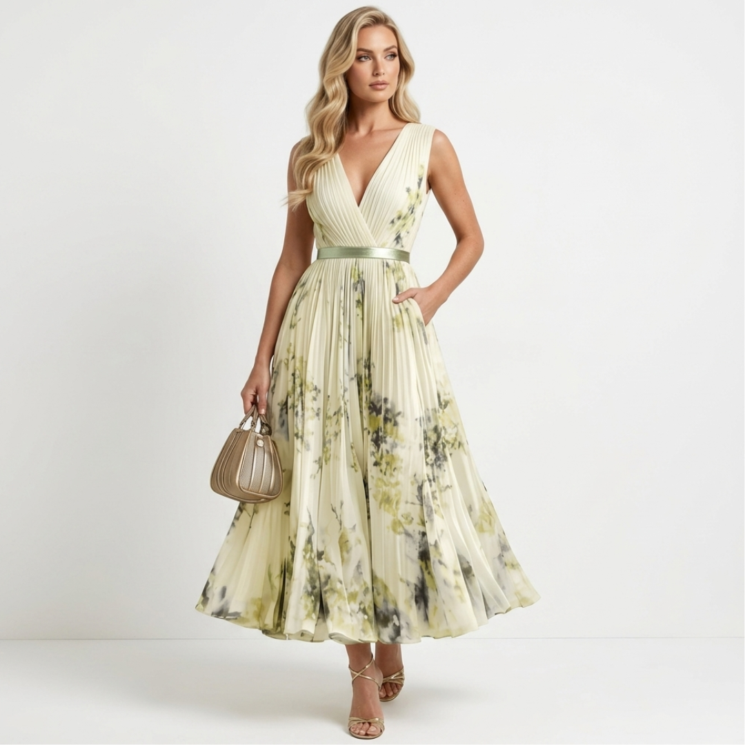 Floral print sleeveless V-neck maxi dress in light yellow with green abstract blooms