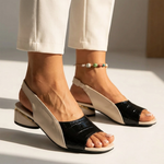 Orthopedic sandal, black faux-croc upper, open toe, beige straps, low block heel