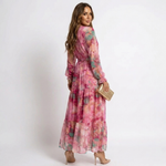 Luzia pink floral wrap maxi dress, long sleeves, V-neck, tiered hem