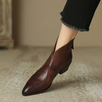Burgundy-brown ankle boots with low block heel and pointed toe