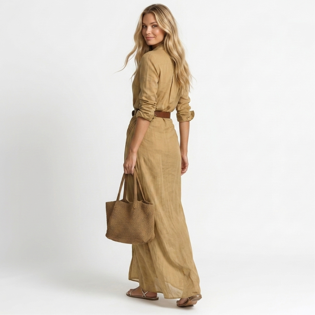 Maxi wrap dress, tan color, gathered waist with long sleeves and V-neck