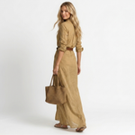 Maxi wrap dress, tan color, gathered waist with long sleeves and V-neck