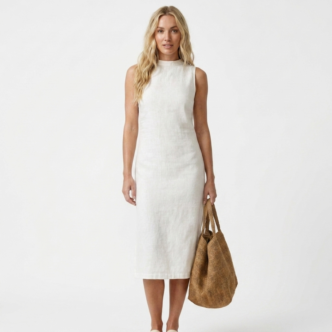 Sleeveless midi shift dress in light ribbed fabric, high neck, straight hem